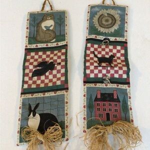 Rustic Wall Hanging with Cat, Bird, Rabbit and Sunflower Design